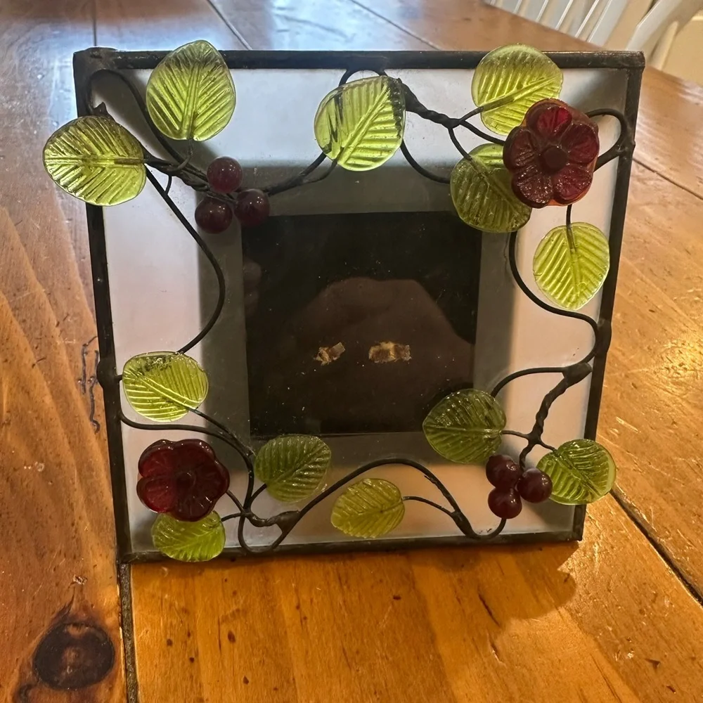 Decorative Glass Photo Frame Set with Green and Red Accents Plus 2 Voltives